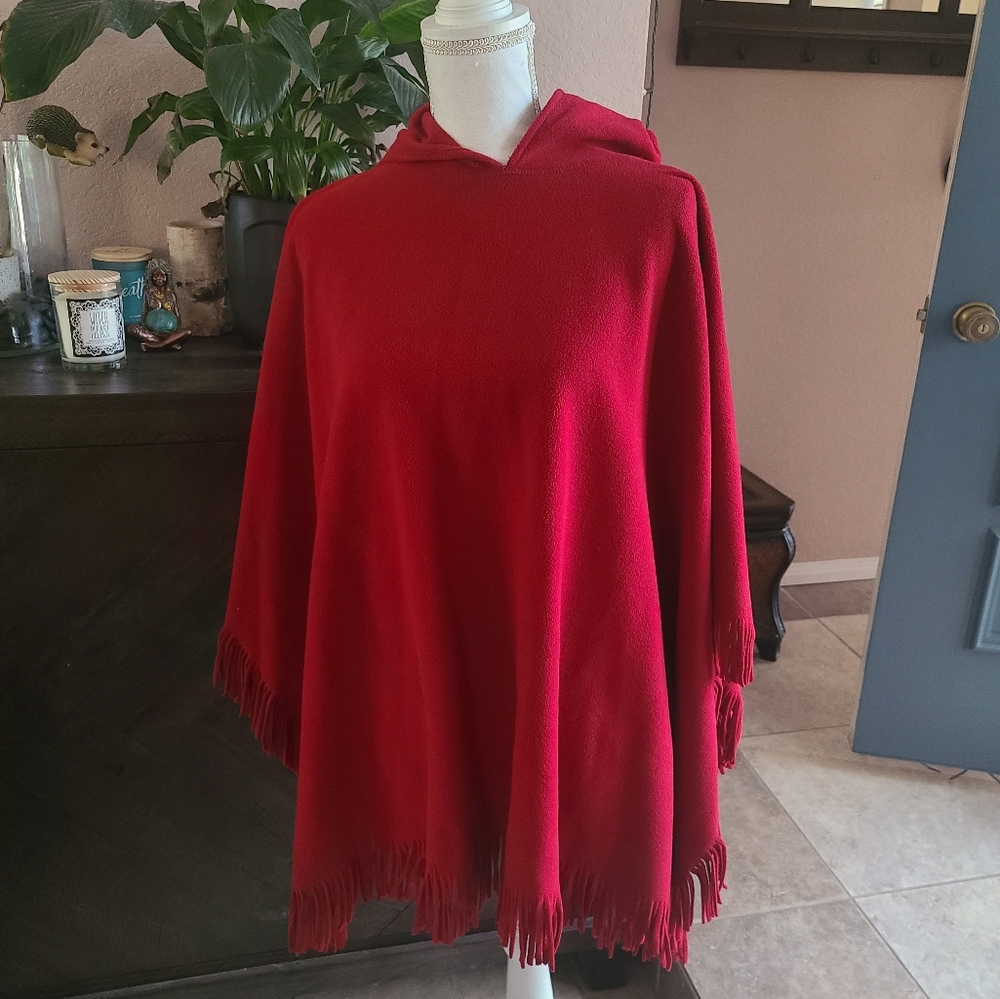 Essential G Pullover Hooded Red Poncho with Fringe, one Size 💖2 for $30💖